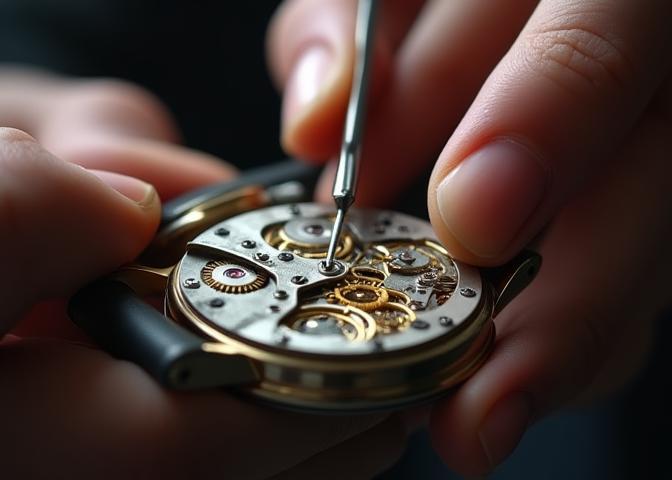 Close-up afbeelding van een horlogemaker aan het werk aan een uurwerk